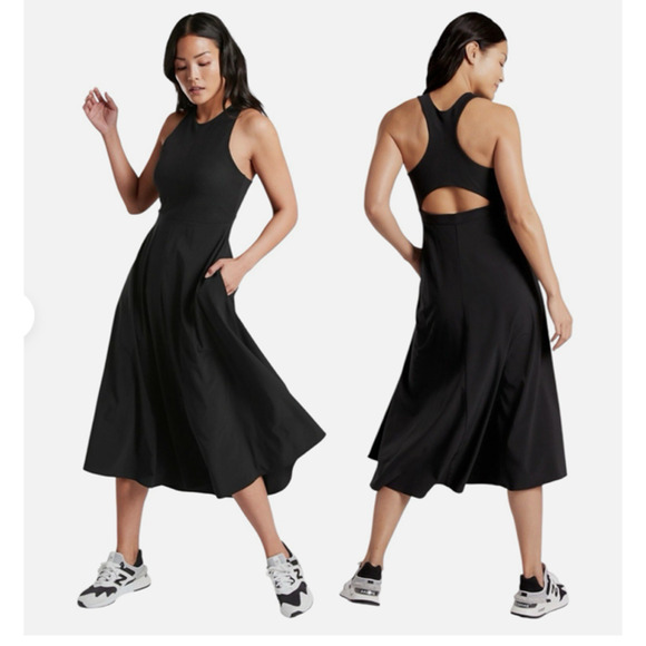 Athleta WINONA Midi Support Racerback Dress Black Sz M Petite Active Sleeveless - Picture 1 of 12